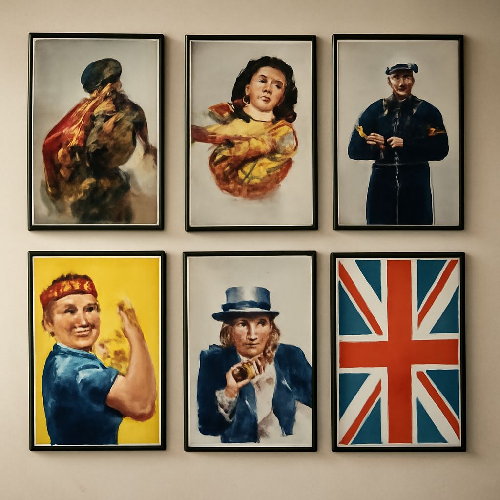 WWII posters comparing recruitment, finance, production, and morale appeals